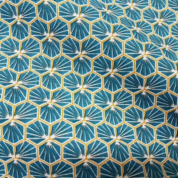 Stoff Baumwolle Meterware petrol canard Waben Blumen Blüten Sechseck  Dekostoff