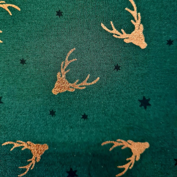 Fabric Cotton fabric green "Hirschkopf gold" Christmas