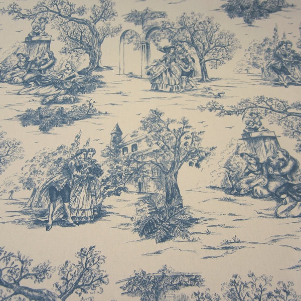 Tissu Toile de Jouy coton bleu naturel Rips Nouveau