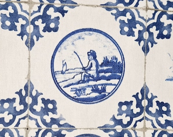 Stoff Meterware Baumwollstoff weiss "Dutch Tile" blau  Kacheln Fliesen Dekostoff