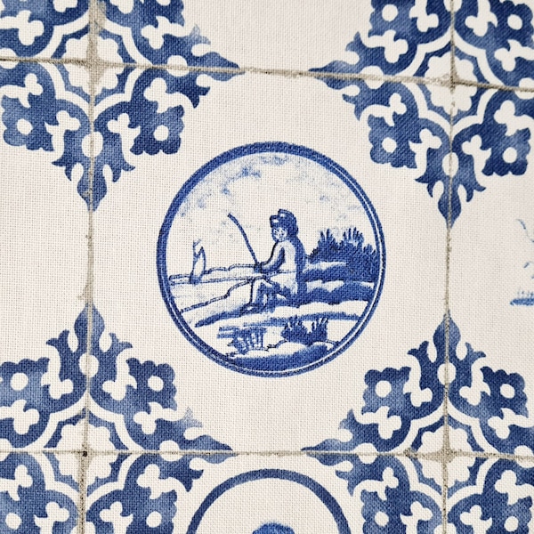 Stoff Meterware Baumwollstoff weiss "Dutch Tile" blau  Kacheln Fliesen Dekostoff