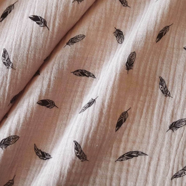 Fabric cotton feathers light pink black muslin mull cloth