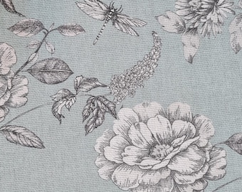 Fabric Cotton "Vintage Roses" roses white grey old mint digital print linen look
