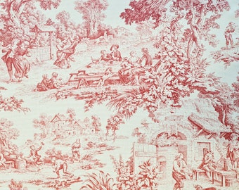 Fabric by the meter Cotton waterproof coated Toile de Jouy red ecru Tablecloth