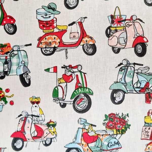 Tissu coton scooter "Dolce Vita" écru multicolore