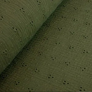 Fabric Cotton Muslin Gauze Cloth Eyelet Embroidery Embroidered Olive Green Plain