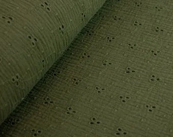 Tela algodón muselina mull tela agujero bordado bordado verde oliva uni