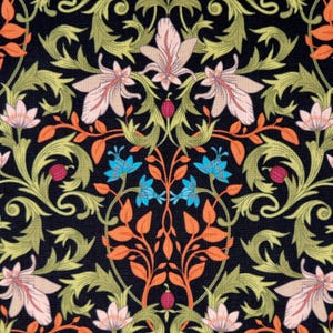 Puede incluir: Un fondo negro con un patrón repetitivo de flores y hojas estilizadas en tonos de verde, naranja, rosa y azul.