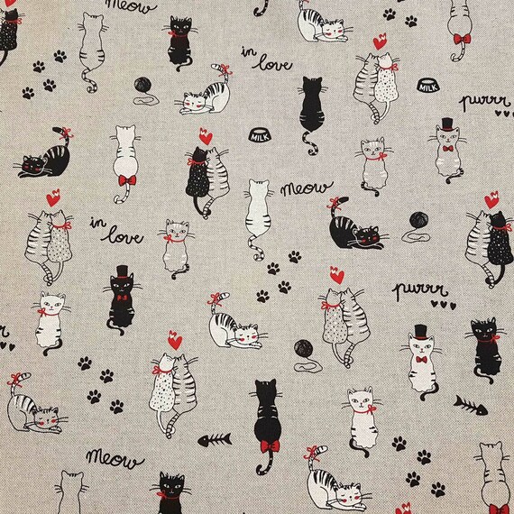 Stoff Meterware Baumwolle pflegeleicht natur Katzen schwarz weiß Dekostoff