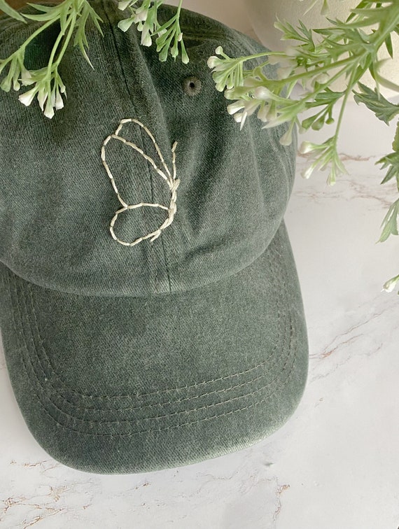 New Custom Designed Gray Distressed Baseball Cap with Green Quilted Butterfly. Y main image 3
