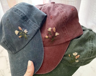 Custom Distress Floral Hand-Embroidered Baseball Cap|handembroidered hat|floral hat|birthday gift|gift for women|floral embroidery|christmas