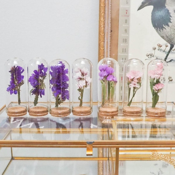 Single Dried Statice Flower in Glass Cloche Style Vial - Your Choice - Dried Flower - Feminine Dried Flower Shelf Decor - Wedding Favors