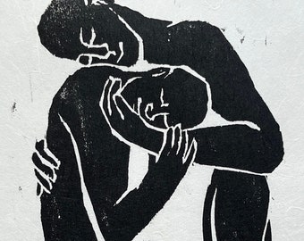 The Caress - woodcut print of two men