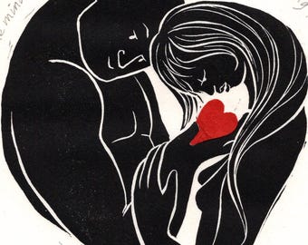 First Love Story & Rumi Quote, Original Linocut Print