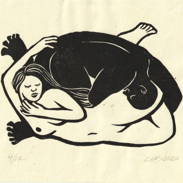 Lovers' Circle en noir et blanc - Gravure Linogravure originale