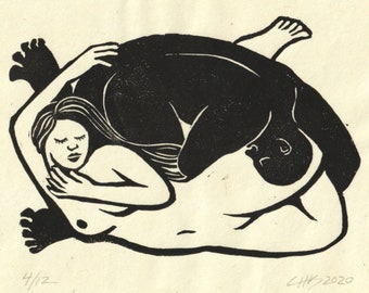 Lovers' Circle in Black and White - Original Linocut Print
