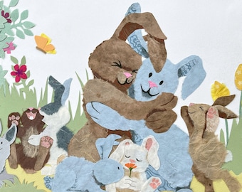 Bunny Rabbit Hug and Family, Original Paper Collage