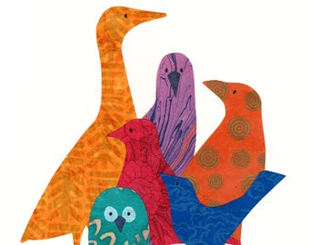 Colorful Bird Flock - Original Collage