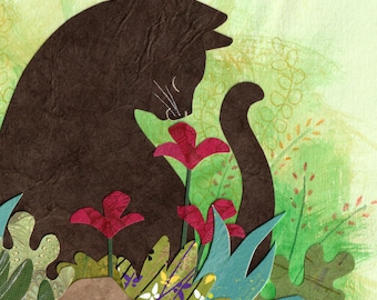 Cat Sniffing the Flowers in Garden Original Collage Art