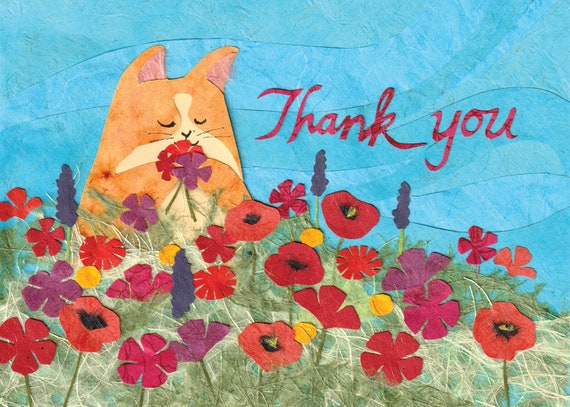 Tabby Cat Smelling The Flowers Thank You Notecard Etsy
