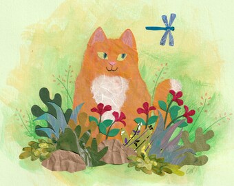 Cat in Garden Spies a Dragonfly Paper Collage