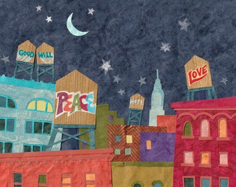 Peace Love Grafitti on Water Tower Cityscape Original Collage