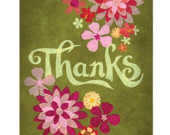 Pink Yellow Blooms on Green - Printed Thank You Notecard