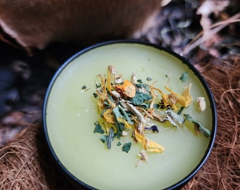 May include: A small, round jar filled with a light green balm. The balm is topped with dried herbs and flowers, including yellow petals and green leaves.