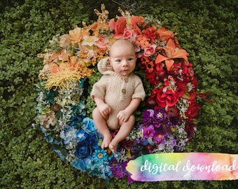 Rainbow Newborn Photography Prop Background, Digital Download, Rainbow Floral Wreath , 300dpi JPG