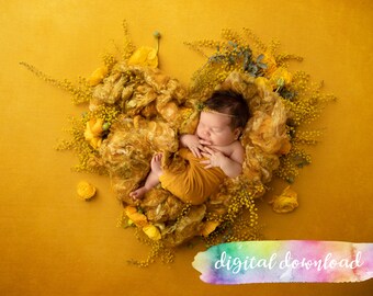 Newborn Photography Prop Background,  Digital Download, Yellow Floral Heart Digital Background, 300dpi JPG