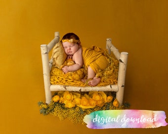 Newborn Photography Prop Background,  Digital Download, Birch Bed Yellow Floral Digital Background, 300dpi JPG