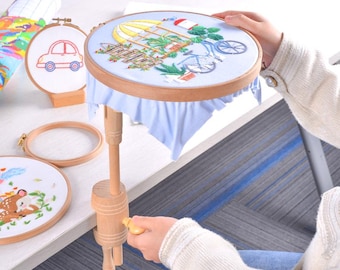 Embroidery Hoop Stand with Table Clamp, Beech Wood Frame Stand, Rotatable Desktop Cross Stitch Holder with Fixed 9 Inch Hoop