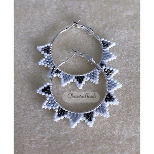 Black and White Beaded Hoop Earrings - Lever Back Silver Hoops - Light Weight Statement Earrings - Fashion Forward Minimalist Accessories