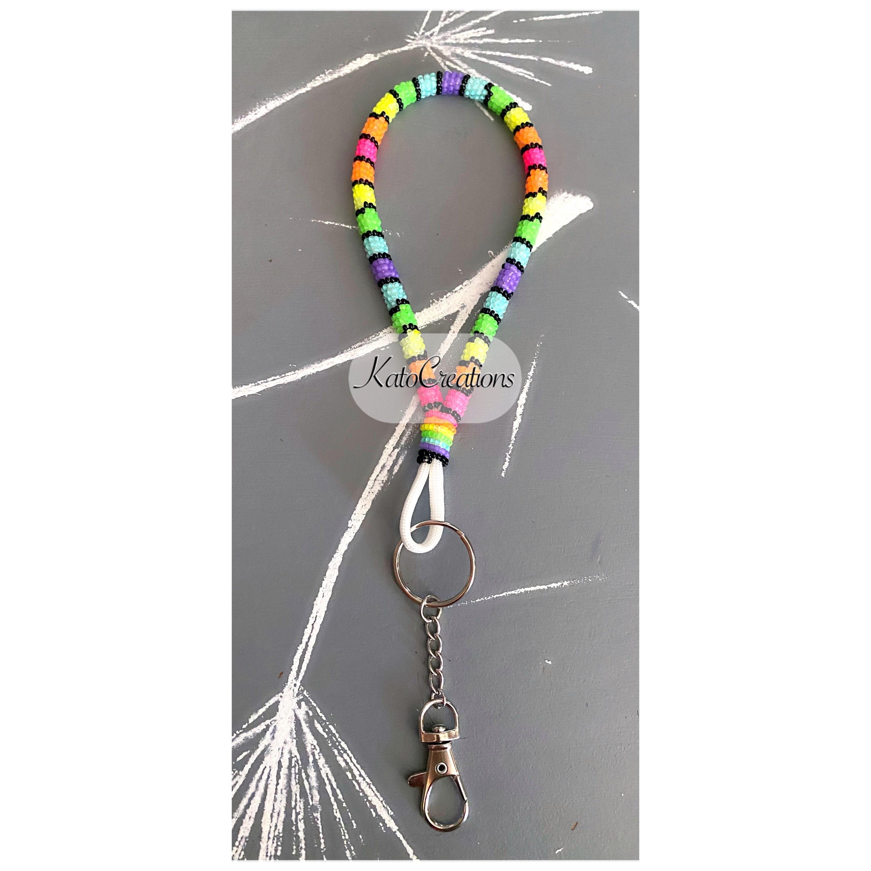 Neon Beaded Keychain Neon Rainbow Wristlet Beaded Keychain Etsy
