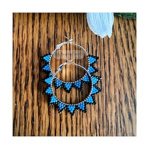 Beaded Hoop Earrings • Beaded Earrings • Blue Earrings • Handmade Beaded Earrings • Spike Earrings • 30mm Hoop Earrings