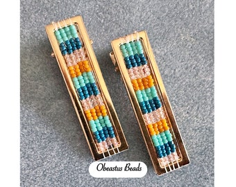 2 Pack Beaded Alligator Hair Clips - Beaded Hair Accessories - Golden Rectangle Hair Clips