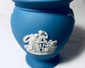 Wedgewood, Jasperware Vase, with wide mouth opening. Blue with designs in White