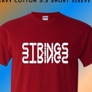 May include: Red short-sleeved t-shirt with the word "STRINGS" printed in white on the front. The word is made up of a series of connected lines.