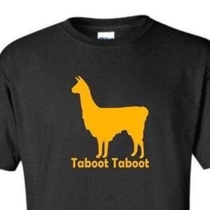 May include: Black t-shirt with a yellow llama silhouette and the text "Taboot Taboot" printed on the front.