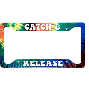 May include: A tie-dye license plate frame with the text "CATCH & RELEASE" in white letters.
