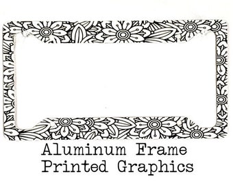 Retro Flowers Black and White License Plate Frame Aluminum | Hippe | Boho | Chic | Peace & Love