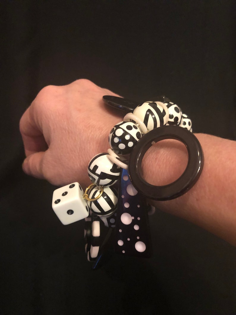 Vintage Black and White Patterned Bracelet and Post Earrings Set