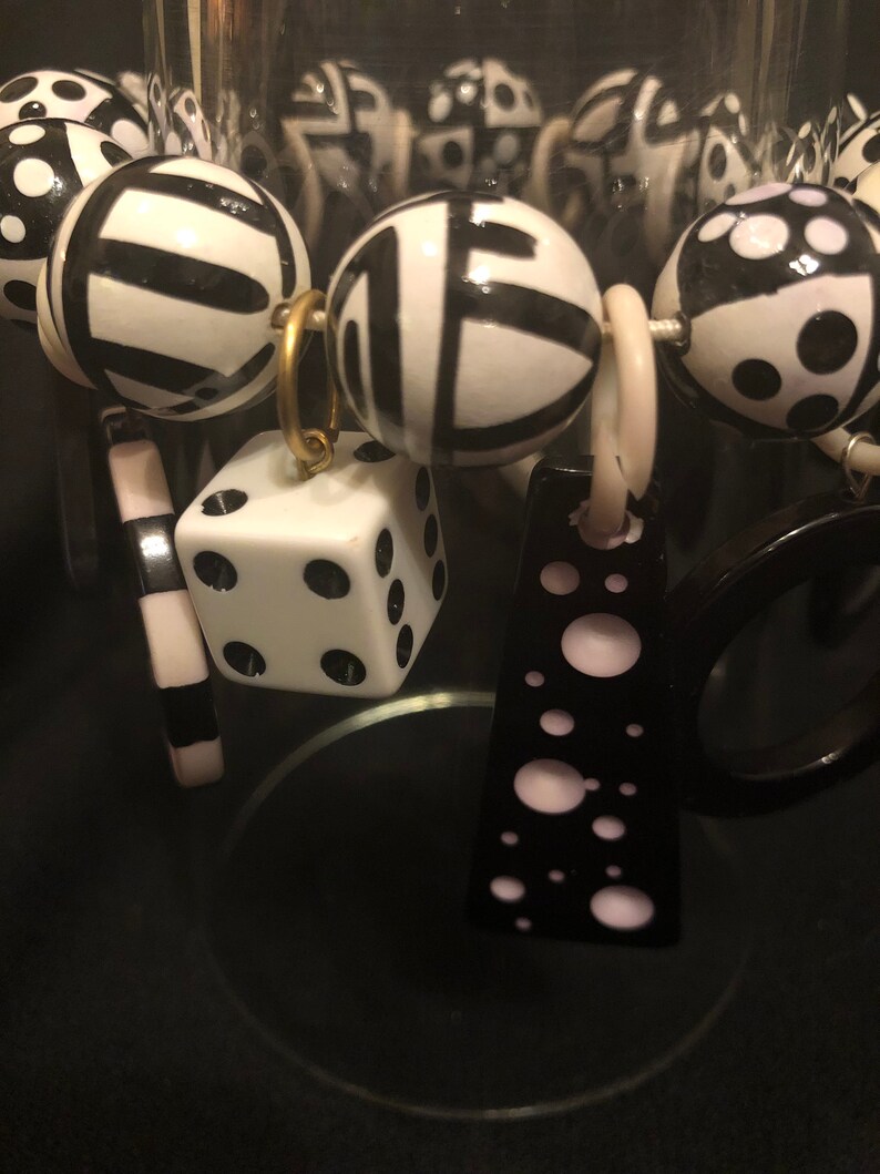 Vintage Black and White Patterned Bracelet and Post Earrings Set