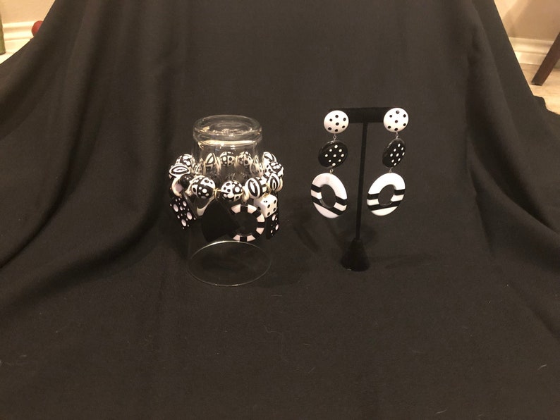 Vintage Black and White Patterned Bracelet and Post Earrings Set