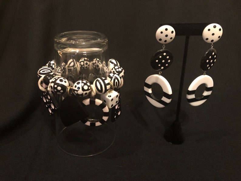 Vintage Black and White Patterned Bracelet and Post Earrings Set