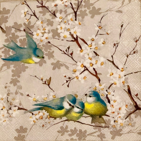 New Blue Bird Flowered Branch Paper Napkins Decoupaging Crafting