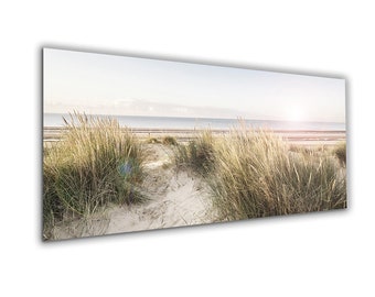 artissimo, glass picture, 125 x 50 cm, picture behind glass, photo, print, mural, poster, modern, landscape format, panorama, dunes, beach