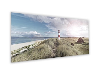 artissimo, glass picture, 125 x 50 cm, picture behind glass, photo, print, mural, poster, modern, landscape format, panorama, dunes, lighthouse