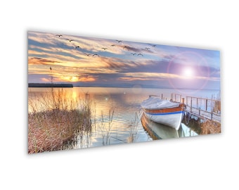 artissimo, glass picture, 125 x 50 cm, picture behind glass, photo, print, mural, poster, modern, landscape format, panorama, boat, sea, sunset