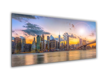 artissimo, glass picture, 125 x 50 cm, picture behind glass, photo, print, mural, poster, modern, landscape format, panorama, skyline, New York